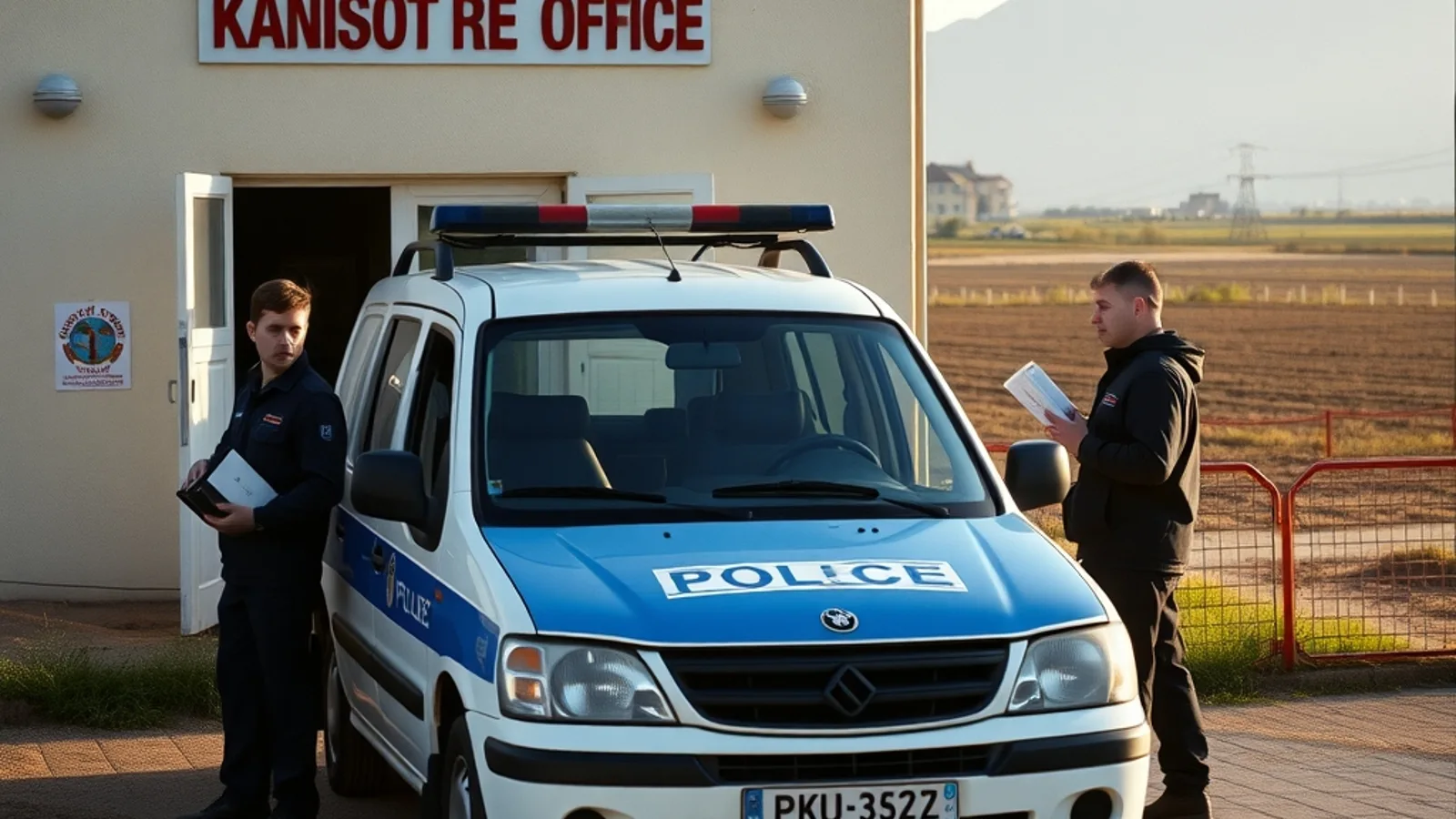 Policija ispred opštinske zgrade, ilustracija