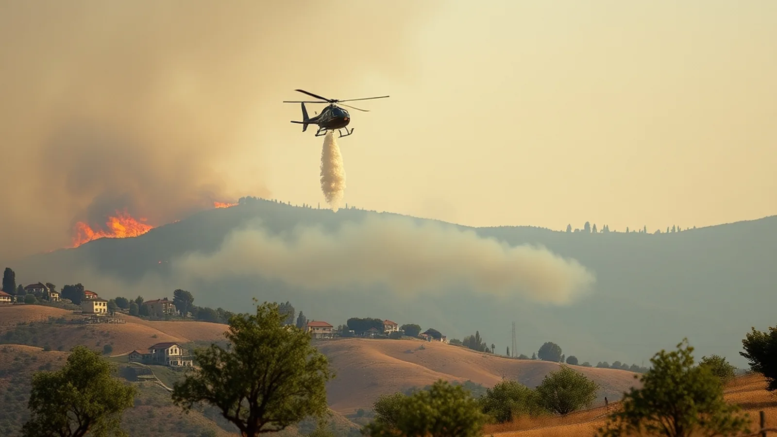 Požar na brdima iznad sela, helikopter gasi vatru