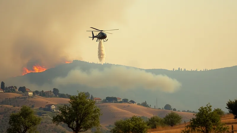 Požar na brdima iznad sela, helikopter gasi vatru