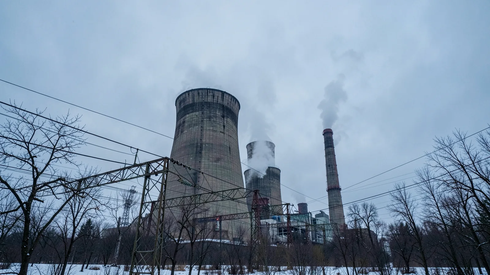 Termoelektrana sa dalekovodima u pozadini