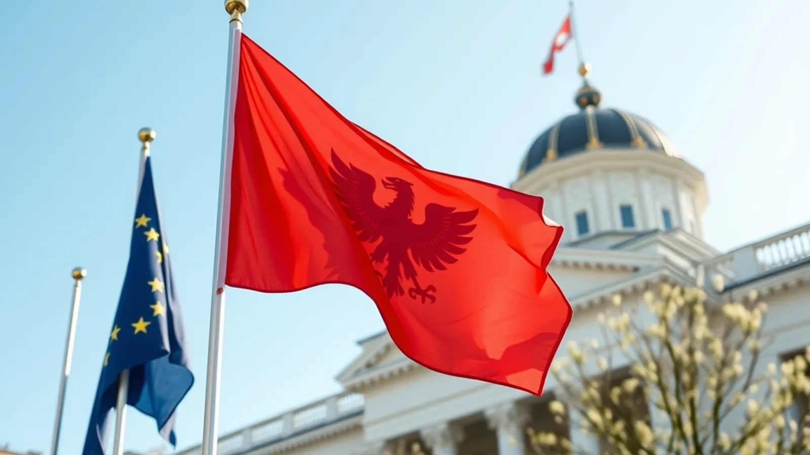 Zastave Evropske unije i Albanije ispred zgrade