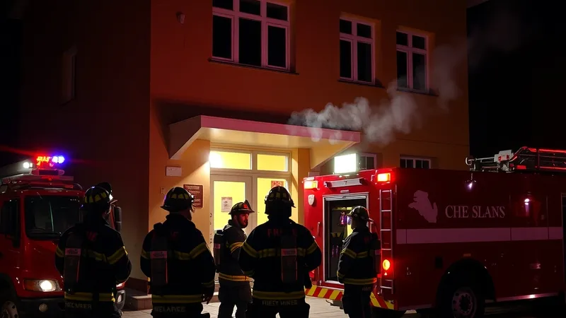 Zjarrfikës duke ndërhyrë natën pranë një ndërtese shkolle