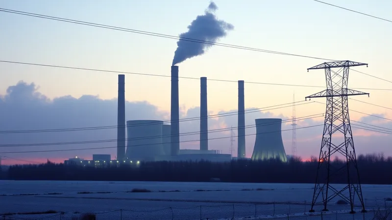Termoelektrana na ugalj i dalekovodi u zimskom sumraku