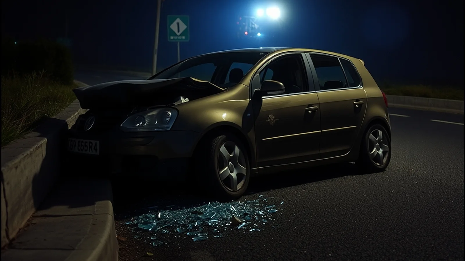 Smrskan automobil uz betonski ivičnjak na sporednom putu noću