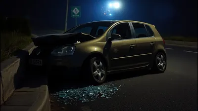 Smrskan automobil uz betonski ivičnjak na sporednom putu noću