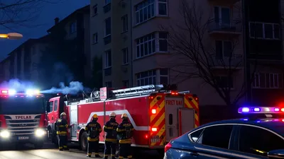 Vatrogasno vozilo i ekipe ispred stambene zgrade u kojoj je izbio požar