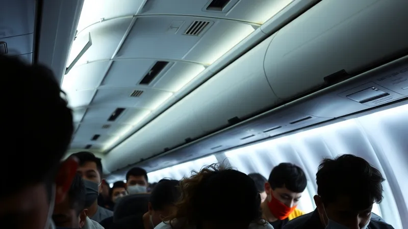 Pasagjerë të shqetësuar brenda kabinës së një aeroplani gjatë situatës emergjente