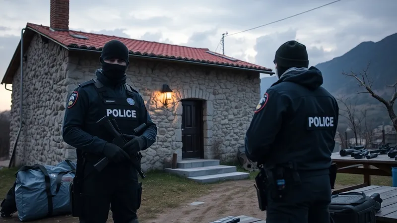 Automjete policore pranë një shtëpie të braktisur në një fshat malor gjatë një operacioni për armë të paligjshme