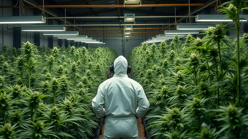 Policajci u zaštitnim odelima u laboratoriji sa stabljikama kanabisa, ilustracija