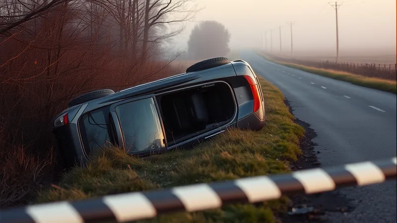 Prevrnut automobil u jarku pored seoskog puta u zoru