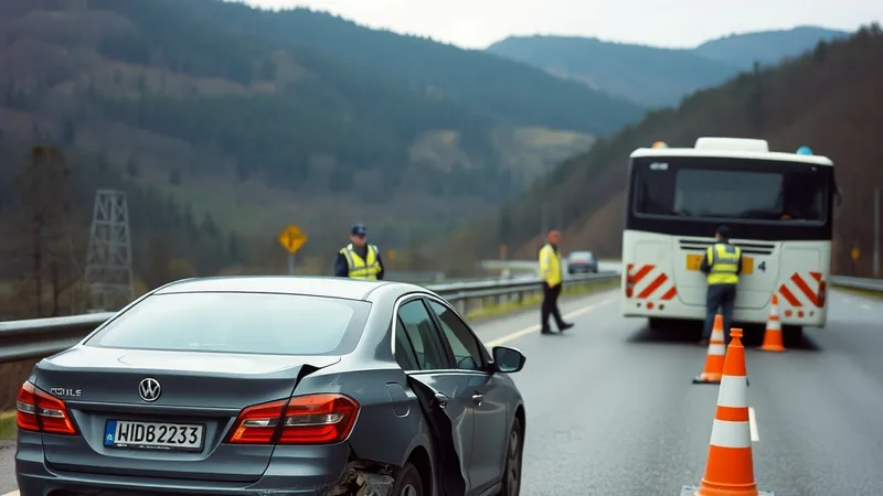 Oštećeni automobil i autobus na magistralnom putu, ilustracija
