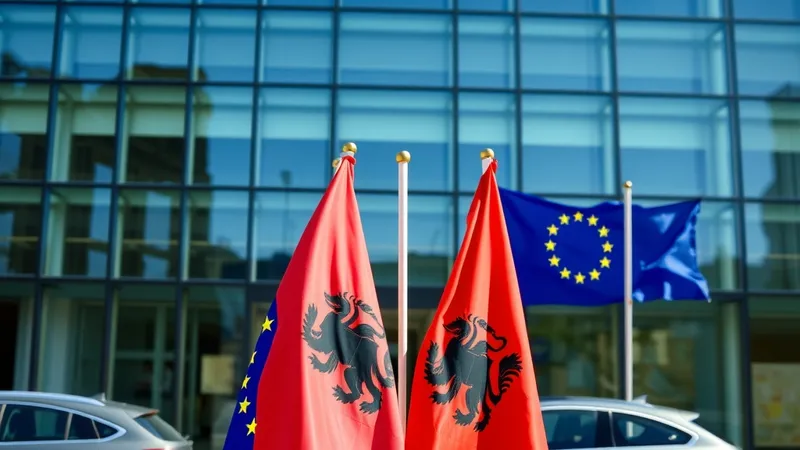 Zastave Albanije i EU ispred zgrade Saveta u Briselu
