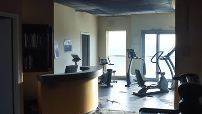 Unutrašnjost fitnes centra nakon požara, ilustracija