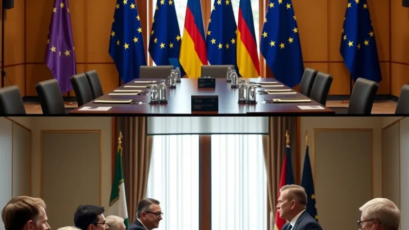 Sallë diplomatike me flamuj të Bashkimit Evropian gjatë një takimi zyrtar