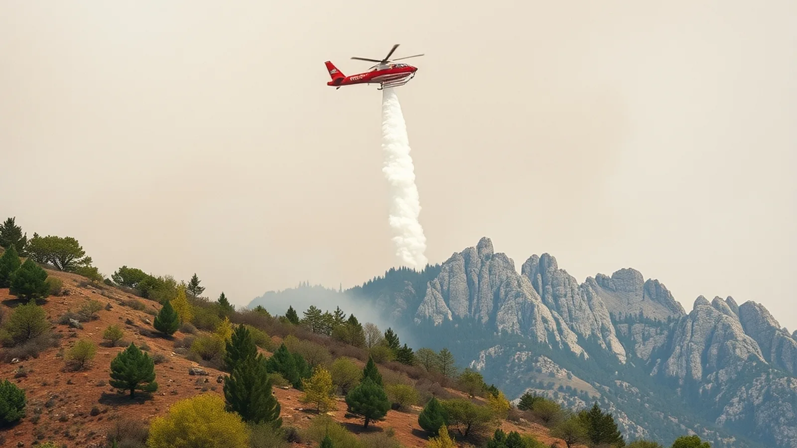 Avion za gašenje požara izbacuje vodu iznad zapaljenog brda