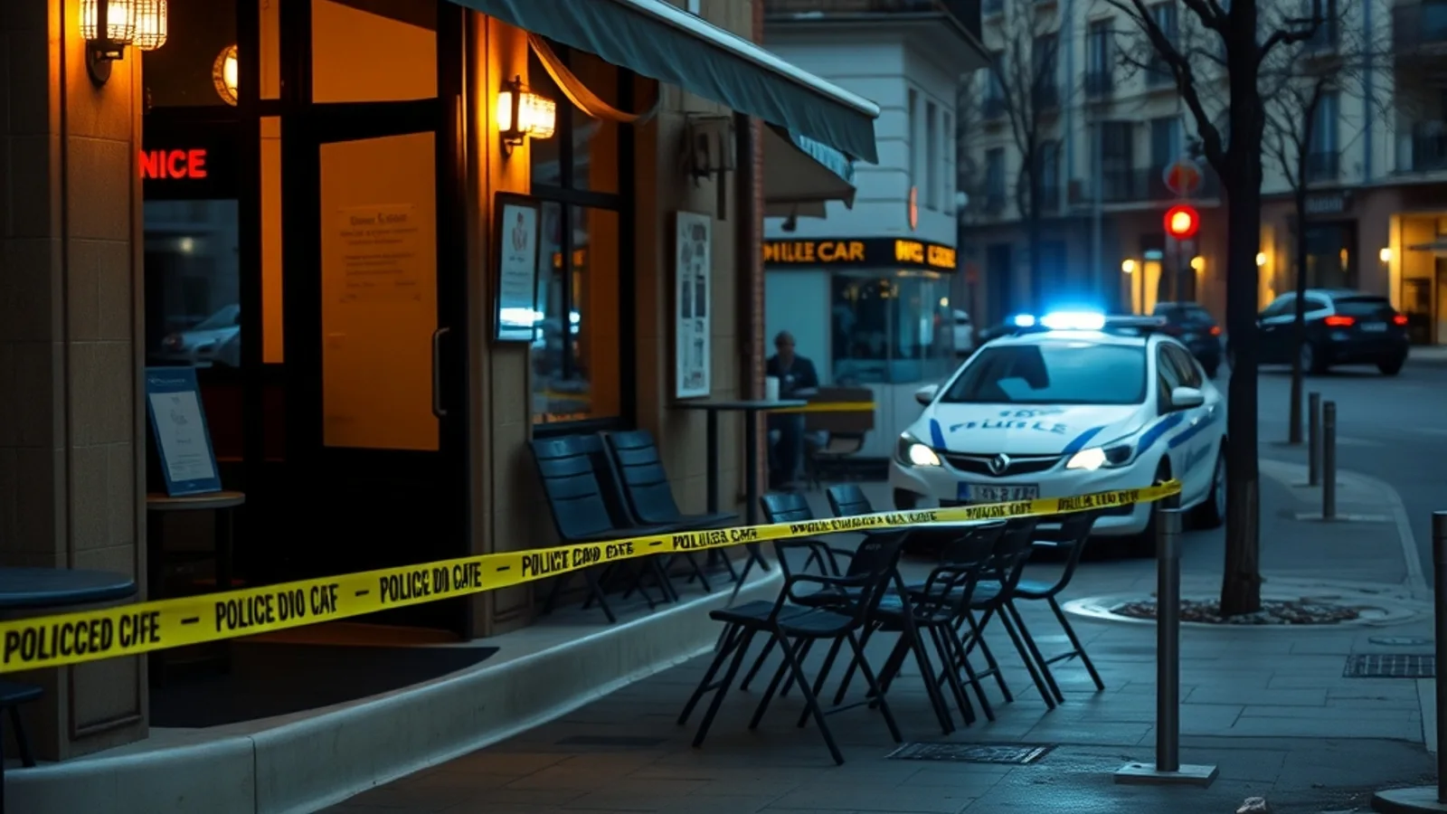 Policijska traka ispred kafića u centru grada, ilustracija