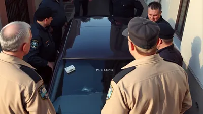 Policajci pored parkiranog automobila u ulici u Tirani tokom akcije