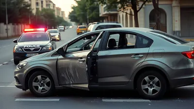 Automobil s razbijenim staklima na ulici, ilustracija