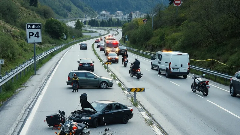 Lančani sudar automobila i motocikala na magistralnom putu, ilustracija